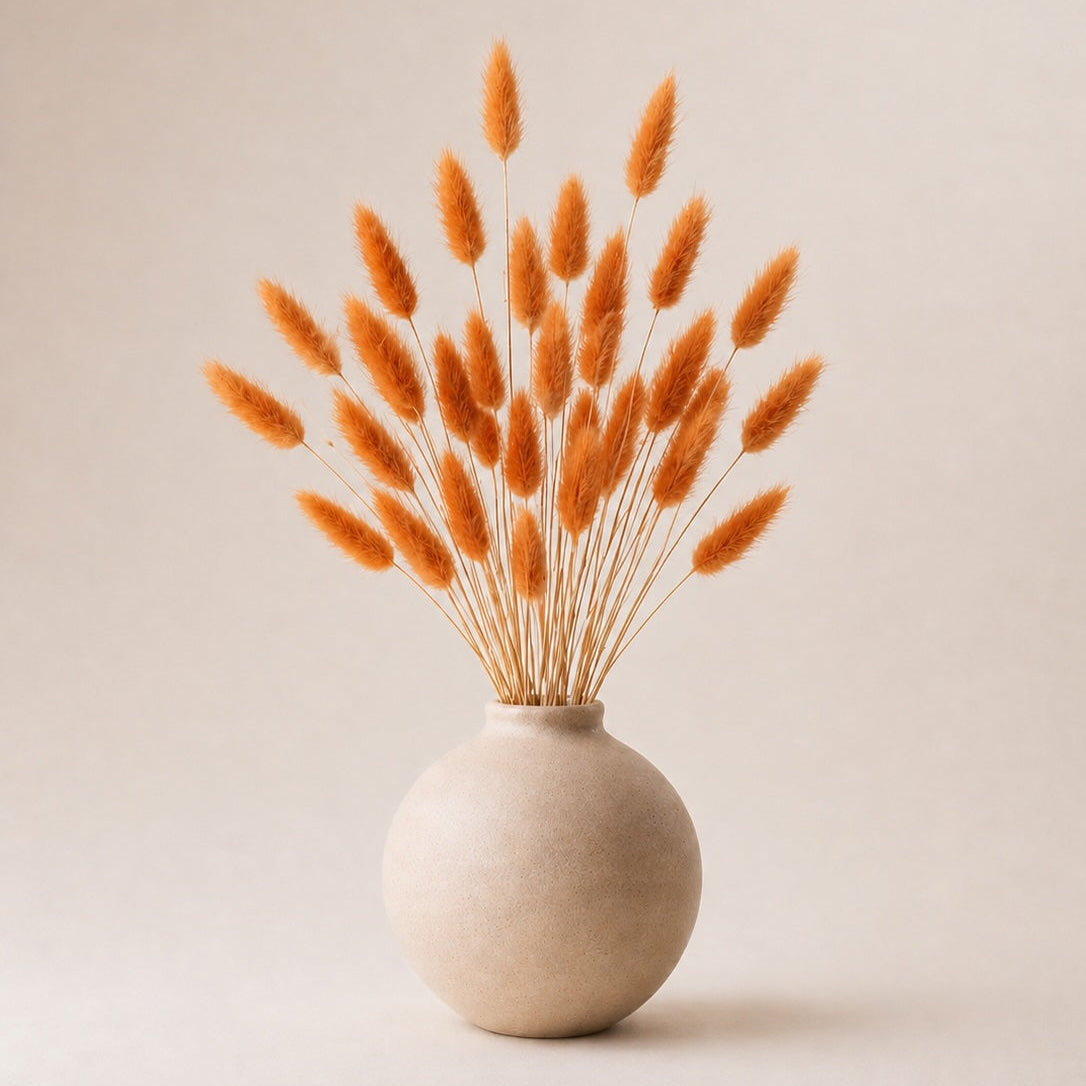 Ceramic vase with dried orange bunny tail plants on a beige background