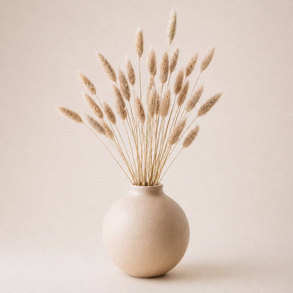 White vase with natural dried lagurus grass (bunny tails) on a beige background