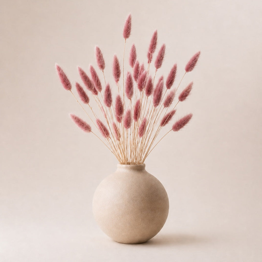Beige vase with pink light burgundy dried bunny tails (lagurus grass) on a beige background