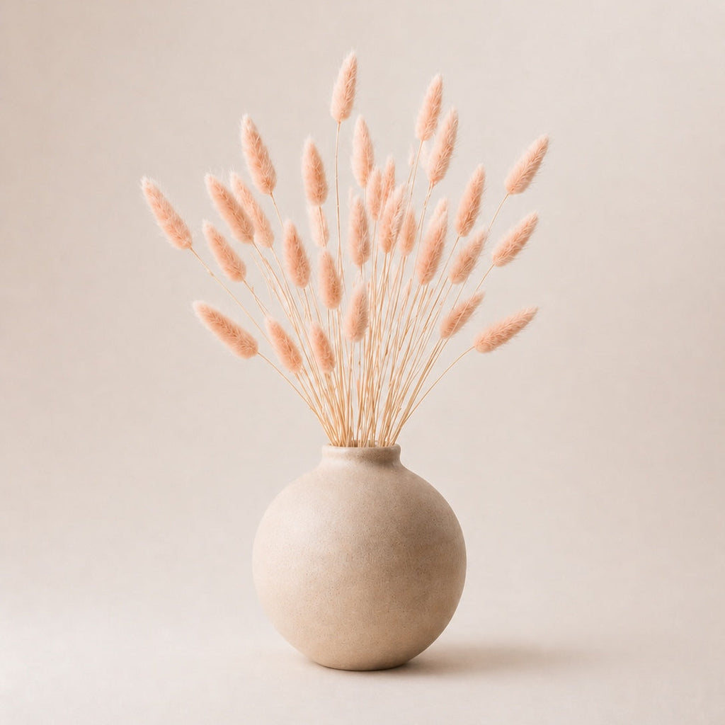 Beige vase with dried peachy pink bunny tail (lagurus) grass on a beige background