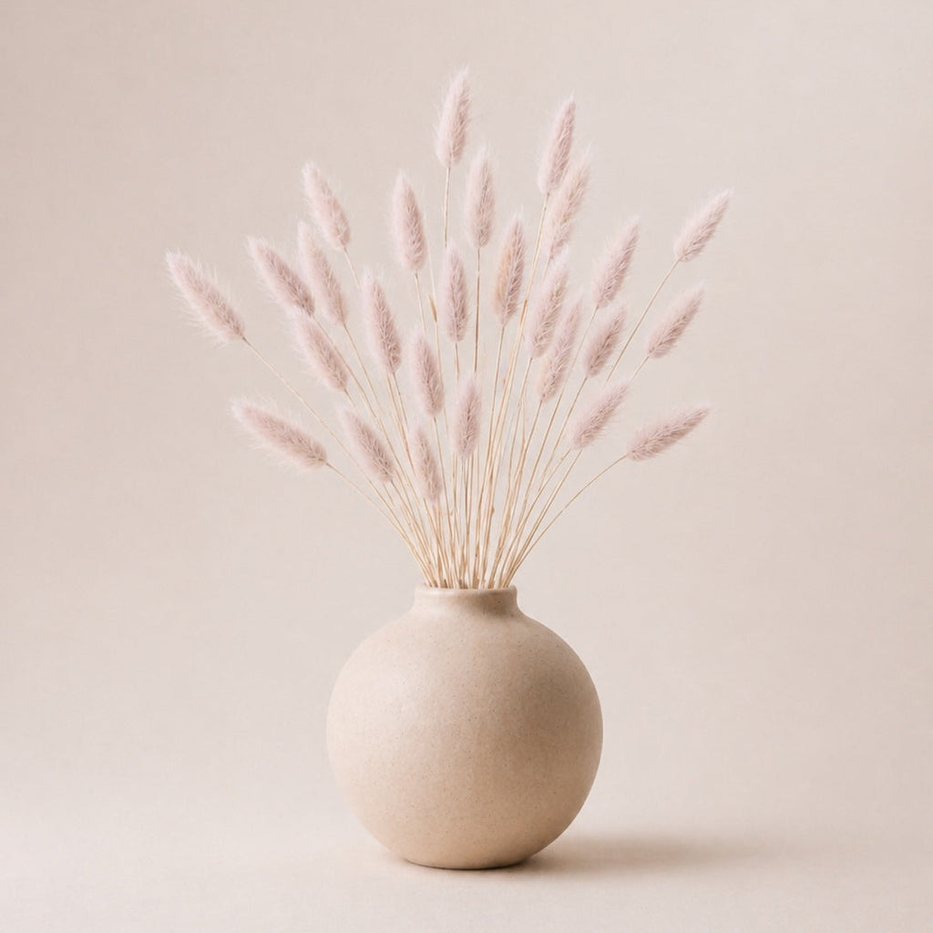 Beige vase with dried pink lagurus (bunny tails) grass on a beige background